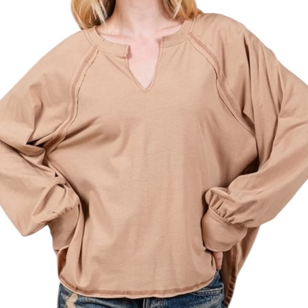 Ces Femme Long Sleeve Exposed Seam High Low Top in Tan